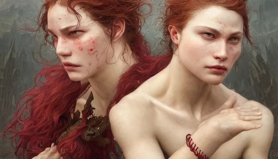 Prompt: epic masterpiece ignorance, drama, sweaty skin, hyperrealistic, octane render, cinematic, beautiful face and flawless skin, perfect hands, 5 fingers, ruby by Edgar Maxence and Ross Tran and Michael Whelan, Legends of Runeterra