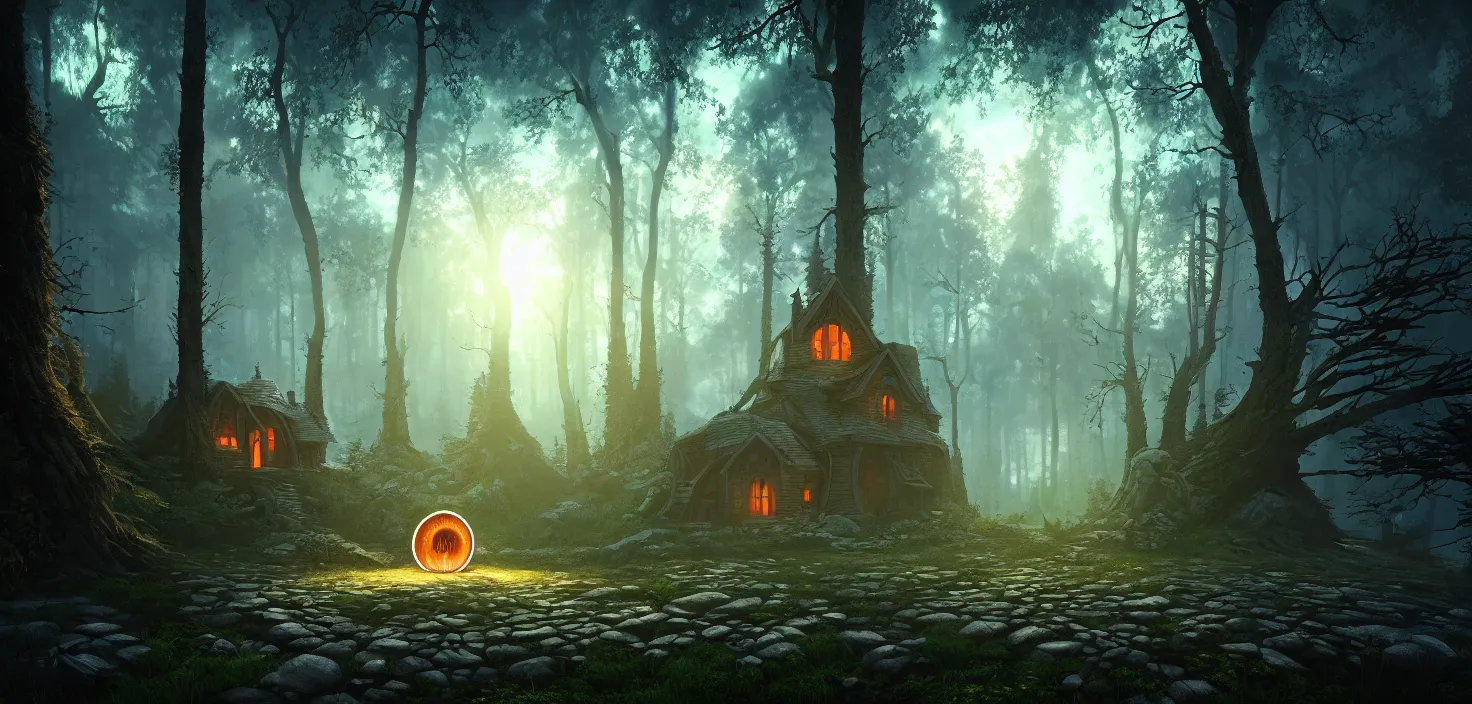 Image similar to random scary forest house landscape, round glowing portal, incredible, vector art, octane render, fabulous, hyper detailed, random cinematic view, no noise, global illumination, warm lighting, volumetric, godrays, vivid, beautiful, by jordan grimmer