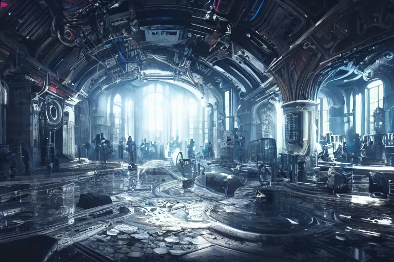 Image similar to underground techno club, hypermaximalistic, high details, cinematic, 8k resolution, beautiful detailed, insanely intricate details, artstation trending, octane render, unreal engine,