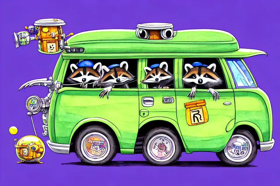 Image similar to cute and funny, racoon wearing a helmet riding in a mystery machine van, ratfink style by ed roth, centered award winning watercolor pen illustration, isometric illustration by chihiro iwasaki, edited by range murata, tiny details by artgerm and watercolor girl, symmetrically isometrically centered, sharply focused