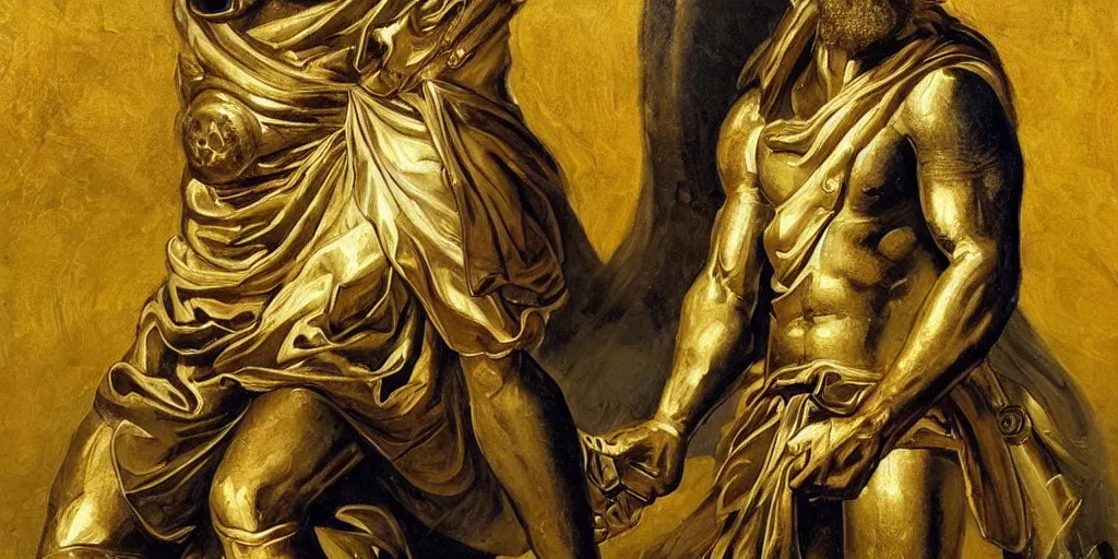 Prompt: a beautiful painting of zeus with his gold armor ready for a battle, with his lightning.