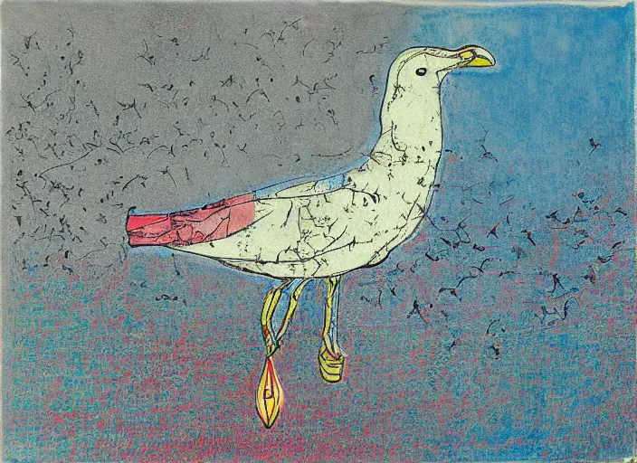 Prompt: seagull, city, painting, tonal colors, polychromatic - colors, essence, divine, by kiki smith