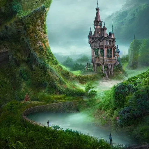 Prompt: a hyperrealistic digital matte painting of a verdant fantasy countryside, very far royal steampunk castle, highly detailed, trending on artstation