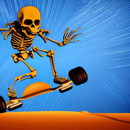 Image similar to Skeleton skateboarding desert background, 4k, concept art