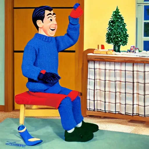 Image similar to fred rodgers, mr. rodgers neighborhood, blue sweater, putting on his shoes,