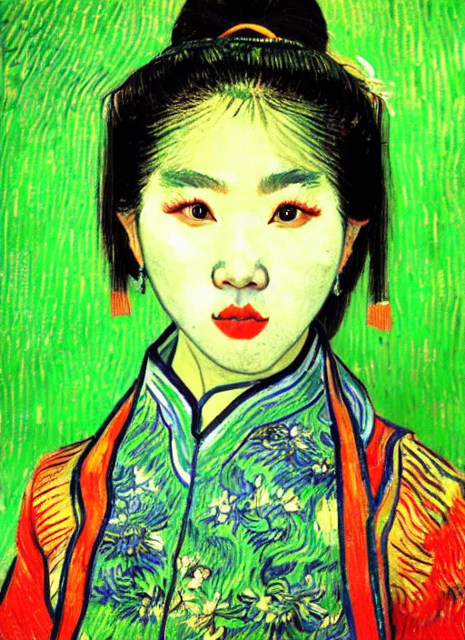 Image similar to portrait of a beautiful chinese shanghai city girl, danfeng eyes, open mouth, green shades, beautiful face, rule of thirds, intricate outfit, spotlight, painting by van gogh, digital