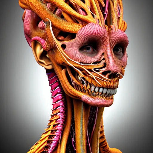 Image similar to a color high quality photo of a young beautiful female queen-dragon-cyborg bust with a very long neck and Mandelbrot fractal face, Mandelbrot fractal skin, flesh, anatomical, facial muscles, veins, arteries, elegant, highly detailed, flesh highly baroque ornate, hair are wired cables, elegant, high fashion, rim light, octane render, in the style of H.R. Giger and Flora Borsi, Realistic, Refined, Highly Detailed, Cinematic Lighting, rim light, photo-realistic, 8K