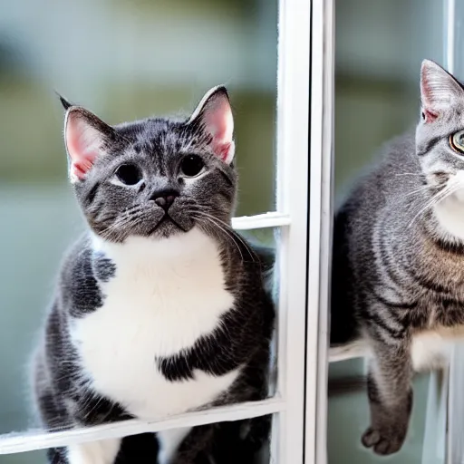 Prompt: an angry gray and white cat yelling at a window. two terrified kittens watch