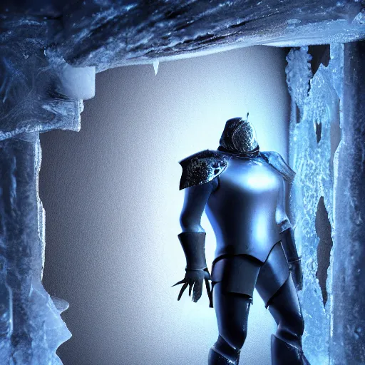 Prompt: shiny knight frozen inside a block of ice, his sword is near him inside the ice, while a single ray of light comes from an opening in the wall, fantasy render, unreal engine 5, octane, raytracing, light transport, artstation
