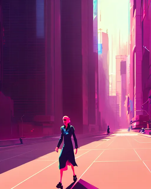 Image similar to a woman walking down a street next to tall buildings, cyberpunk art by james gilleard, cgsociety, photorealism, speedpainting, artstation hq, artstation hd