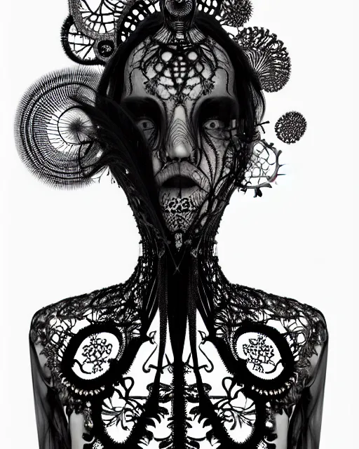 Image similar to surreal dark poetic black and white photo portrait of complex bio-mechanical beautiful young silver female vegetal-cyborg with a Mandelbrot fractal steampunk metal fine lace face, a very long neck and a fine metal floral foliage super big lace collar by Alexander McQueen:: smoke, high fashion, haute couture, rococo, steampunk, silver filigree details, anatomical, facial muscles, cable wires, microchip, elegant, dreamy, foggy atmosphere, hyper realistic, 150 mm lens, soft rim light, octane render, unreal engine, picture was taken in 1910 by Man Ray, volumetric lighting, dramatic light,8k,