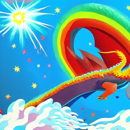 Prompt: giant rainbow dragon flying through a planet, explosions, fire, raining magma, volcanos erupting, destruction everywhere