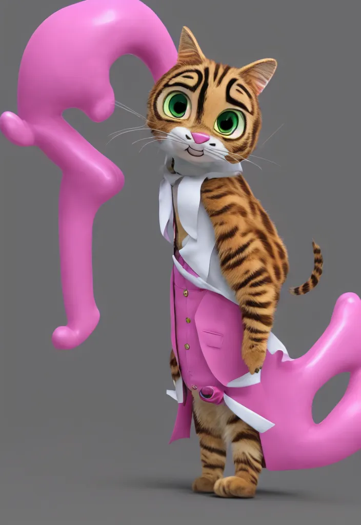 Image similar to 3d render , anthropomorphic male tabby cat,wearing a pink tux ,style of Zootopia, 8K HD Resolution, High quality image