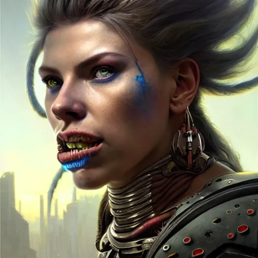 Prompt: portrait painting of a cyberpunk orc shaman extremely muscular ugly scarlett johansson with misshapen teeth, ultra realistic, concept art, intricate details, eerie, highly detailed, photorealistic, octane render, 8 k, unreal engine. art by artgerm and greg rutkowski and charlie bowater and magali villeneuve and alphonse mucha