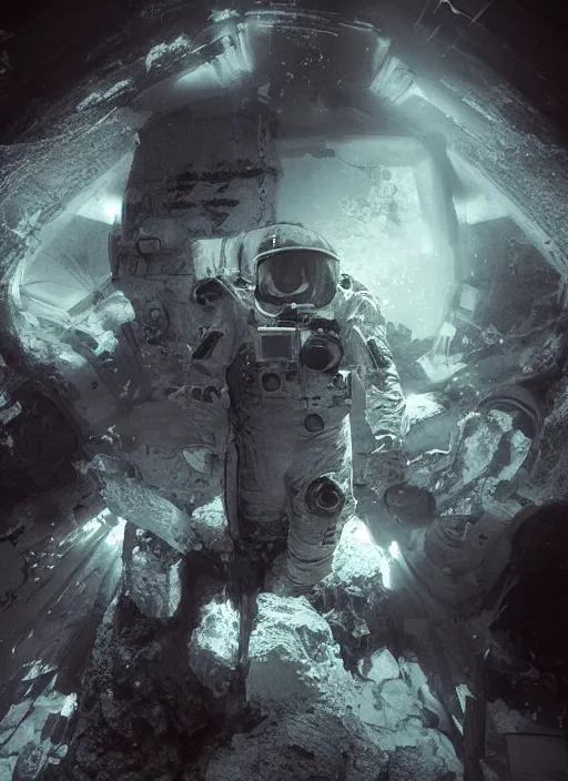 Prompt: infrared concept art by craig mullins astronaut in futuristic dark and empty spaceship underwater. complex and hyperdetailed technical suit. mandelbulb fractal. reflection and dispersion materials. rays and dispersion of light. volumetric light. 5 0 mm, f / 3 2. noise film photo. flash photography. octane render. interstellar movie art