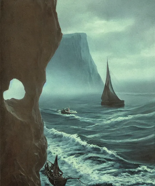 Image similar to realistic photo of a 1 9 2 5 seiner sailing near a tropical skull - shaped cliff with the mouth of a sea cave at the waterline, dark, brooding, atmospheric, lovecraft, horror, smooth, epic, highly detailed, cinematic, by clyde caldwell