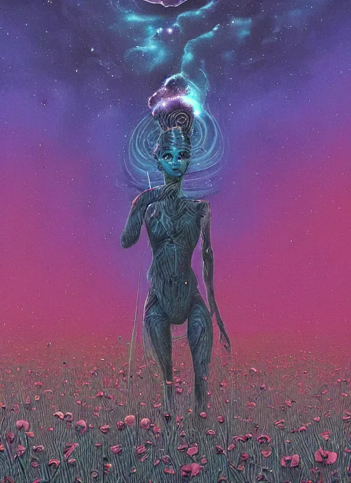 Image similar to detailed, intricate blue black and purple papaverum flower on the field, nebula, galaxy in the sky, winning award masterpiece, fantastically beautiful, illustration, aestheticly inspired by beksinski and dan mumford, upscale with simon stalenhag work, artstation, 8 k