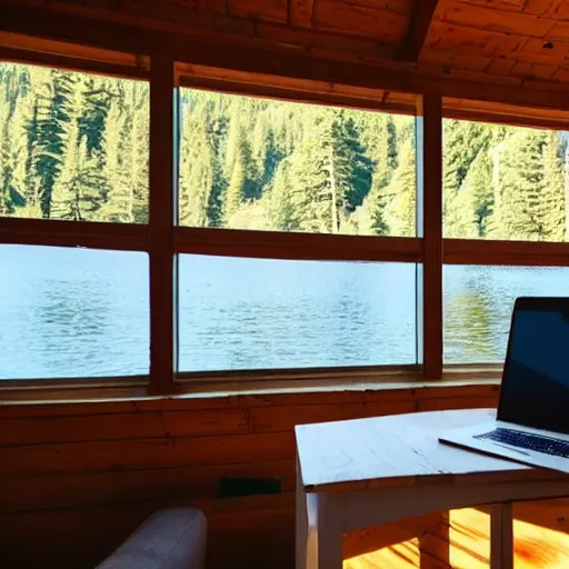 Image similar to A laptop on a work desk inside a cozy wooden cabin with a window overlooking a nice lakeside view with bright sunshine outside