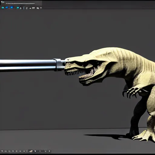 Image similar to t - rex gun, award winning, unreal engine 5 render, 3 d model, volumetric fog, ray traced, award winning