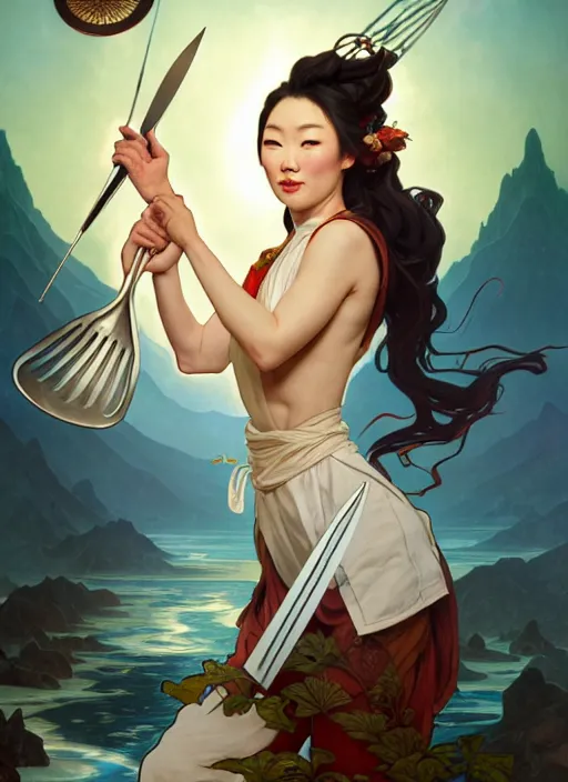 Image similar to arden cho as a chef, in a battle pose, holding magical kitchen knives, beautiful rivers of energy flowing in background, by peter mohrbacher and alphonse mucha and loish, 4 k, high resolution, intricate, hyperdetailed, photorealistic, artstation, smooth, sharp focus