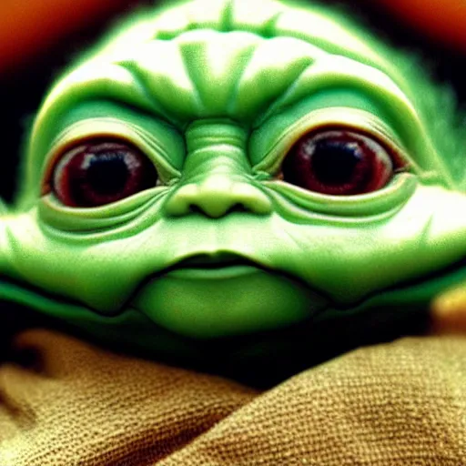 Image similar to baby yoda face closeup, strong bokeh, cinematic, high contrast, highly detailed