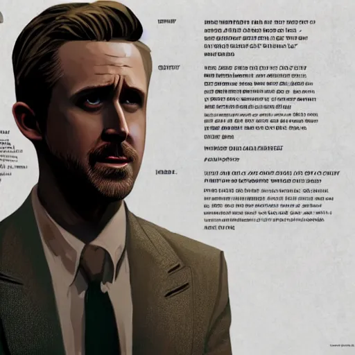 Prompt: Ryan Gosling character in Disco elysium game, HD , 4K, volume light, sharp focus, cinematic composition, dramatic pose, hyper detailed,