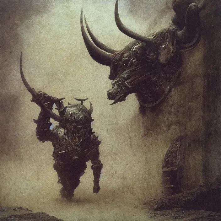 Prompt: minotaur in ancient armor, beksinski, ruan jia