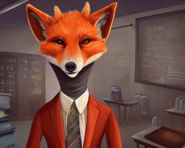 Prompt: award - winning extremely detailed fantasy art of a cute male anthropomorphic vulpes vulpes fulva teacher wearing suit working at a school, 4 k cinematic still, dramatic lighting