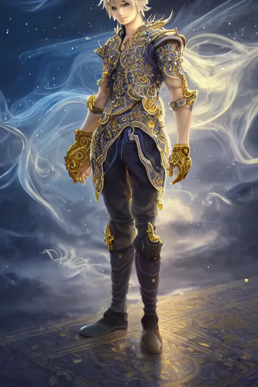 Image similar to fullbody portrait of a young male fit hero with strange hairs, soft smile, baroque cloth, luminous scene, final fantasy and legue of legends champion, by chengwei pan and sakimichan, gradient white to gold, in front of an iridescent magical building background, highly detailed portrait, digital painting, smooth, focus illustration
