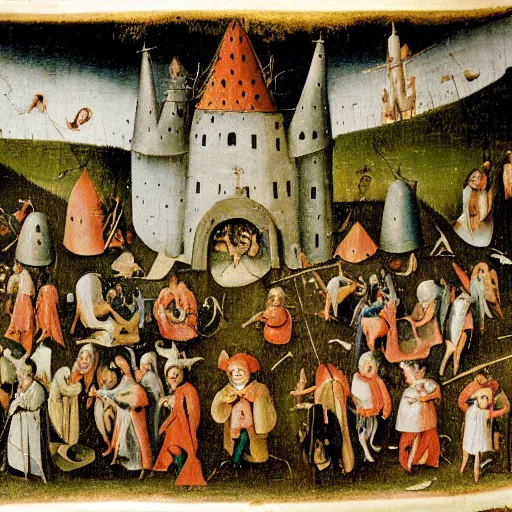 Prompt: book page of Where’s Waldo in the style of Hieronymus Bosch, Waldo is walking