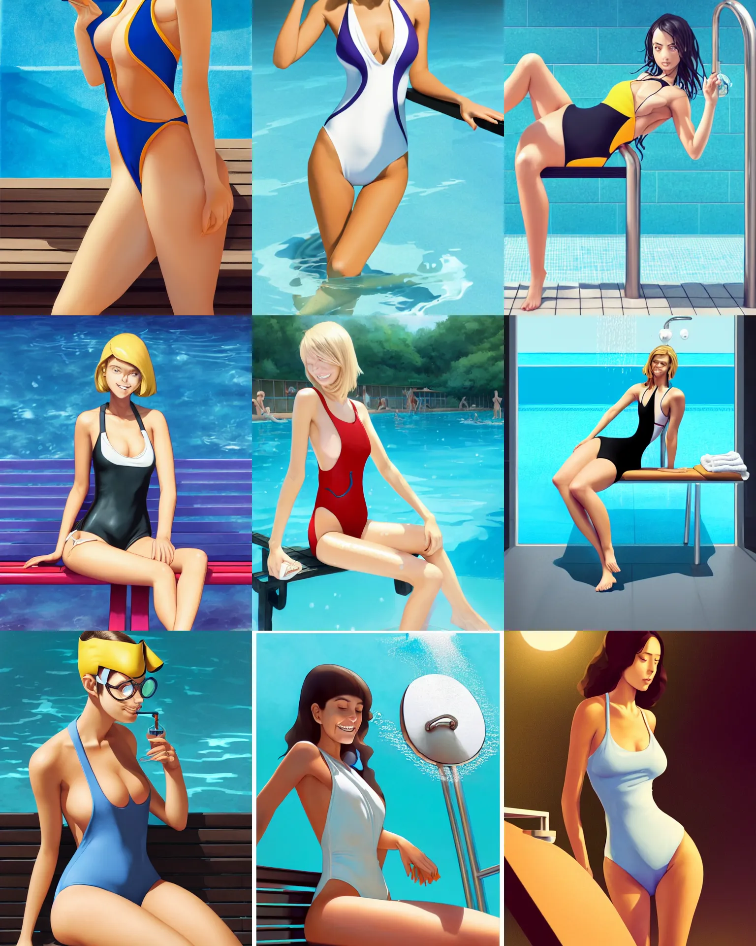 Prompt: attractive scientist girl in the closed one-piece swimsuit monokini, sitting at the bench in the pool shower, hourglass slim figure, full body shot close up, seductive smile, looking at the viewer, details, sharp focus, illustration, by Georgi Georgiev and Justine S. Florentino and Jordan Grimmer and greg rutkowski, Trending artstation, pixiv, digital Art