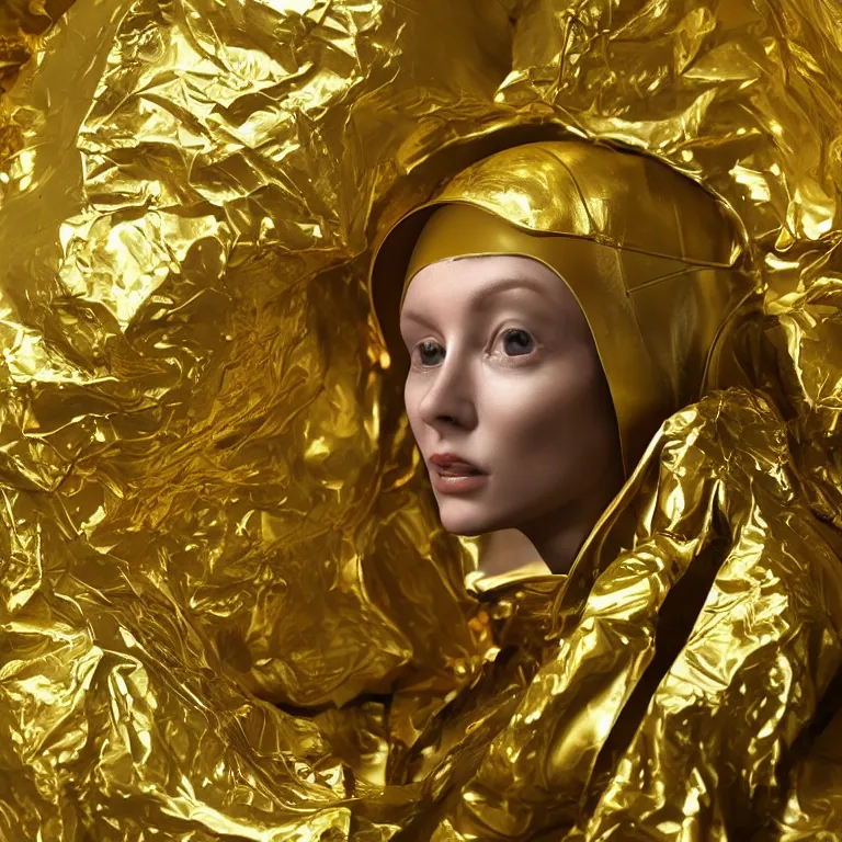 Prompt: octane render portrait by wayne barlow and carlo crivelli and glenn fabry, subject is a woman covered in folded aluminum foil with a yellow metallic space helmet, floating inside a futuristic black and gold space station, cinema 4 d, ray traced lighting, very short depth of field, bokeh