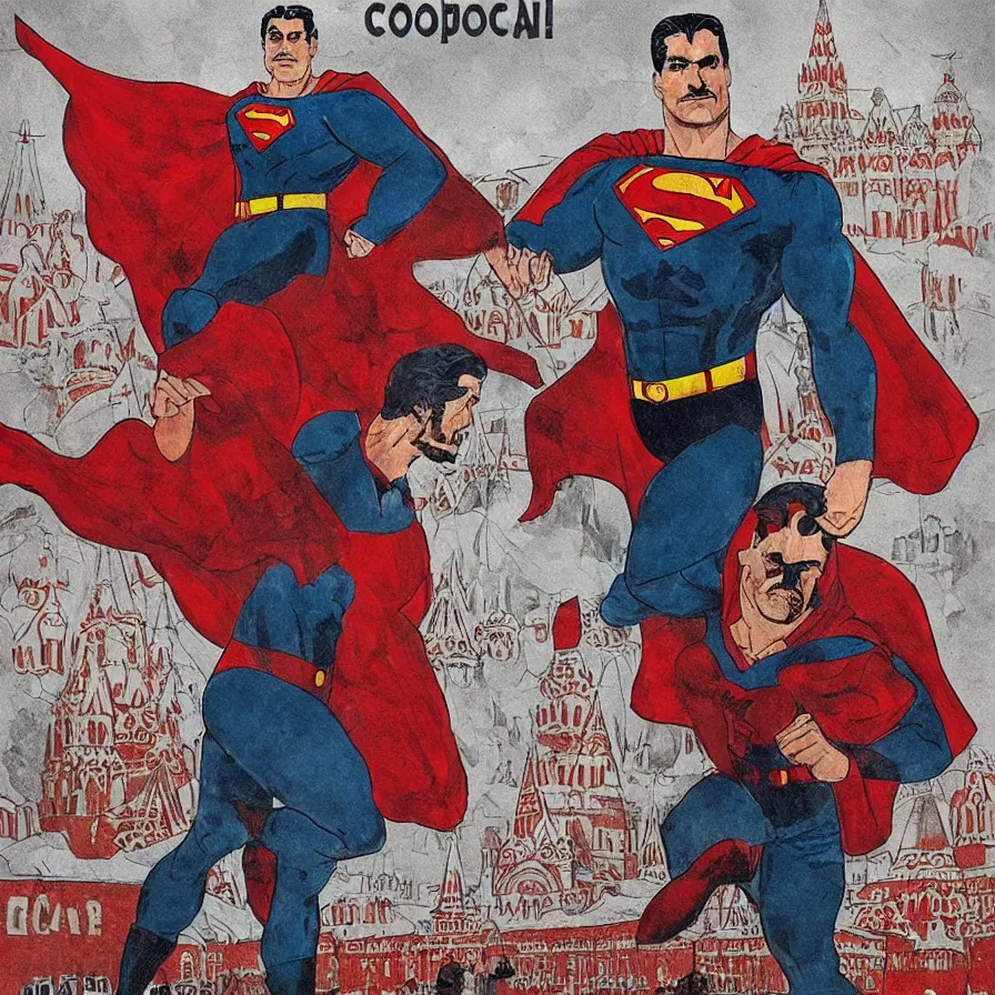 Image similar to epic comic book cover of stalin as superman floating over the red square ( moscow ), soviet propaganda poster, socialist realism, aesthetically pleasing, finely detailed facial features, photorealistic, intricate digital art, trending artstation, artgem, rich moody colors, fan art, concept art, in the style of the red son and invincible