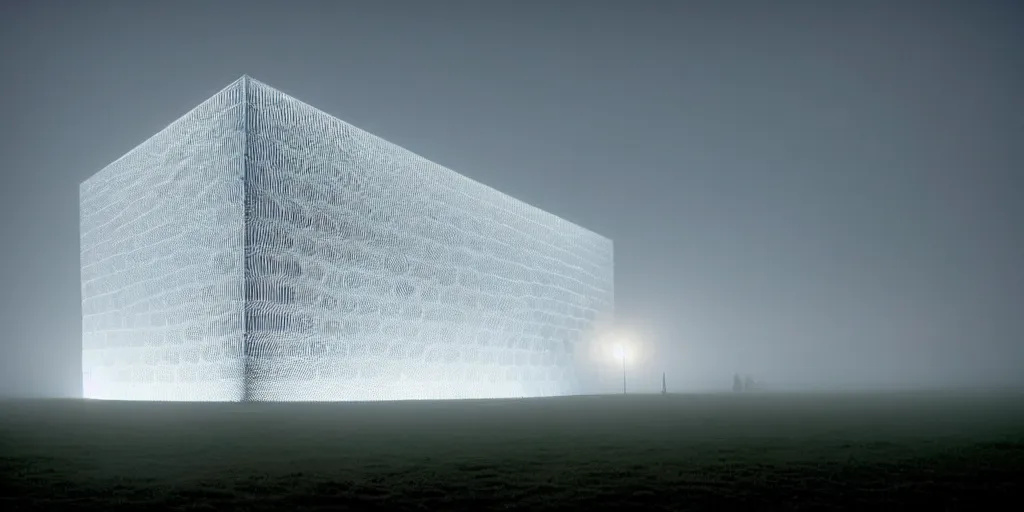 Image similar to white honeycomb organic illuminated building with warm illumination inside by kendall buster sits on the field evening atmosphere in low fog, 4 k, insanely quality, highly detailed, film still from the movie directed by denis villeneuve with art direction by zdzisław beksinski, telephoto lens, shallow depth of field