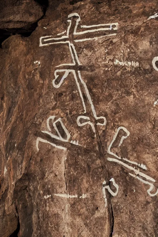 Image similar to 4 k photography of petroglyphs representing crosses, sauwastica, wifi symbol on a cave