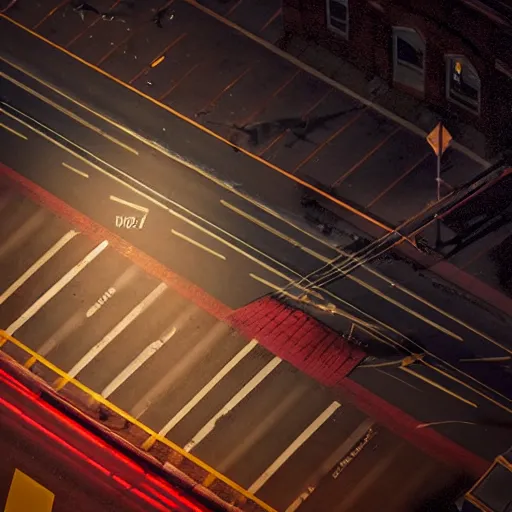 Image similar to A stunningly beautiful award-winning 8K high angle from 2nd floor cinematic movie photograph looking down diagonally across a spooky dark very foggy empty lightless moonlit main street intersection in an abandoned 1950s small town at night. perfect composition, moody low key backlit. Color palette from Seven, greens yellows and reds. 2 point perspective. Octane render