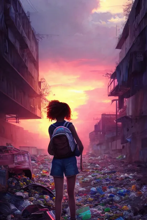 Prompt: teenage girl in mini short with backpack looking at food at garbage dump, destroyed cars, city is pure wasteland, moody sunset background, rays of sunlights, ( ( ( rainbow ) ) ), high details, sharp, photorealism, cinematic, greg rutkowski, artgerm, unreal engine, highly detailed