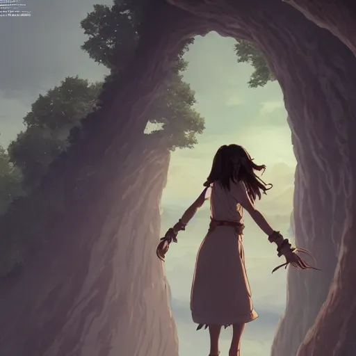 Image similar to portrait of woman, long brown hair, cloth, princess mononoke, 4 k, greg rutkowski, high detail, dramatic lighting, sunset, hayao miyazaki, masashi ando, nizou yamamoto, kazuo oga, joe hisaishi, yoji takeshige, naoya tanaka