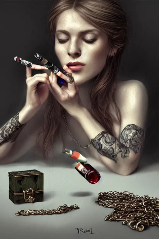 Prompt: beutifull and very tired womanlooking pile smoking a winebottle, drugs, cigarrette boxes at the table, fantasy, intricate, elegant, highly detailed, digital painting, artstation, concept art, addiction, chains, smooth, sharp focus, illustration, art by Ilja Repin