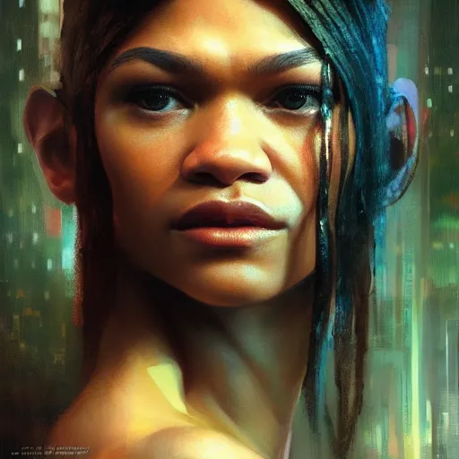 Image similar to zendaya, hyperrealistic portrait, bladerunner street, art of elysium by jeremy mann and alphonse mucha, fantasy art, photo realistic, dynamic lighting, artstation, poster, volumetric lighting, very detailed face, 4 k, award winning