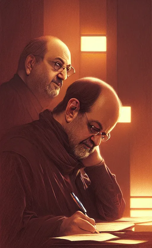 Image similar to portrait of salman rushdie writing in the dark, deep focus, blade runner 2 0 4 9, fantasy, intricate, elegant, highly detailed, digital painting, artstation, concept art, matte, sharp focus, illustration, art by artgerm and greg rutkowski and alphonse mucha