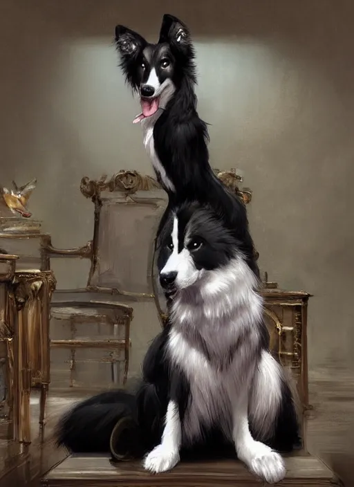 Image similar to wide angle beautiful full body portrait of a cute male anthropomorphic anthro border collie fursona sitting in a parlor room, character design by charlie bowater, henry asencio, and ross tran, disney, scenic background, detailed, aesthetic, trending on artstation, furaffinity, deviantart