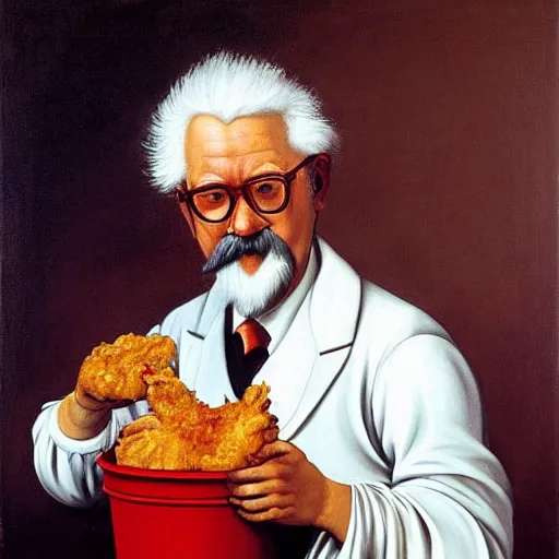 Prompt: Colonel Sanders eating fried chicken with his hands out of a red bucket. Painted by Caravaggio, high detail