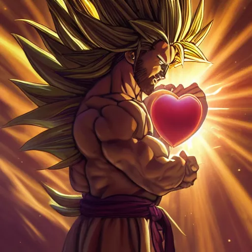 Image similar to Jesus christ transforming in super Saiyan holding the a shiny Sacred Heart , by Stanley Artgerm Lau, WLOP, Rossdraws, James Jean, Andrei Riabovitchev, Marc Simonetti, Yoshitaka Amano, ArtStation, CGSociety,