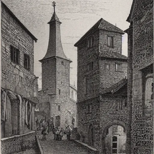 Image similar to medieval italian town, gustave dore lithography