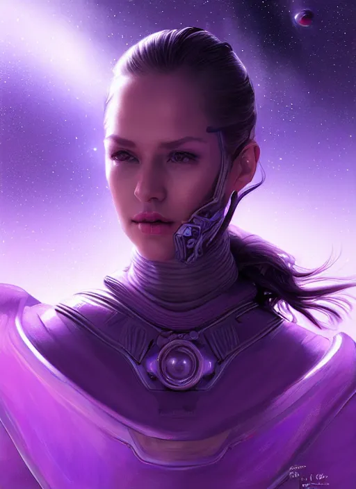 Image similar to top down lighting, extreme close up, stunning portrait of a woman in purple leather future armor with a long black ponytail, with space and stars around her, spaceship hallway, intricate, mood lighting, highly detailed, digital painting, artstation, concept art, smooth, sharp focus, illustration, art by wlop, mars ravelo and greg rutkowski