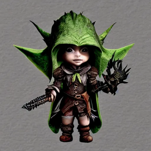 Prompt: cute tiny goblin girl wearing hunter armor from Bloodborne and a wizard hat, geeen skin, d&d, chibi