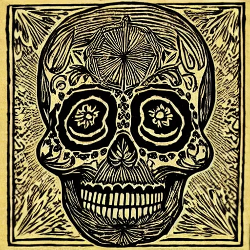 Image similar to “ sugar skull woodcut by mc escher and hp lovecraft ”