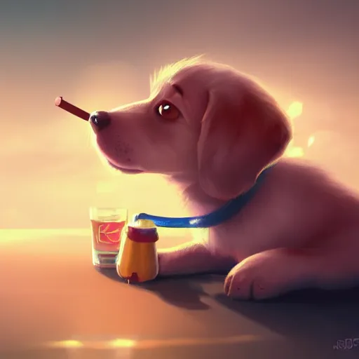 Prompt: cute puppy drinking soda, 8k, fantasy, cinematic lighting, highly detailed, digital painting, artstation, smooth, sharp focus, illustration, by Pixar