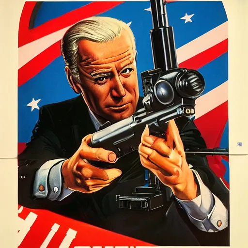 Image similar to propaganda poster of joe biden pointing gun directly at camera in james bond movie, closeup of gun, visible barrel and grip by j. c. leyendecker, bosch, lisa frank, jon mcnaughton, and beksinski